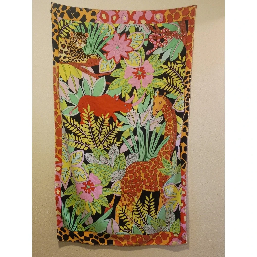 Vintage Jungle Animal Beach Towel Safari Giraffe Leopard Rhino Tropical 36x61